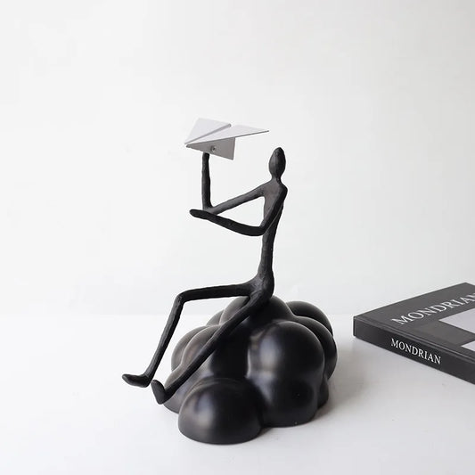 "DecorBites™ Resin Paper Airplane Cloud Figure for Home Decor - Black Cartoon Abstract Figurine"