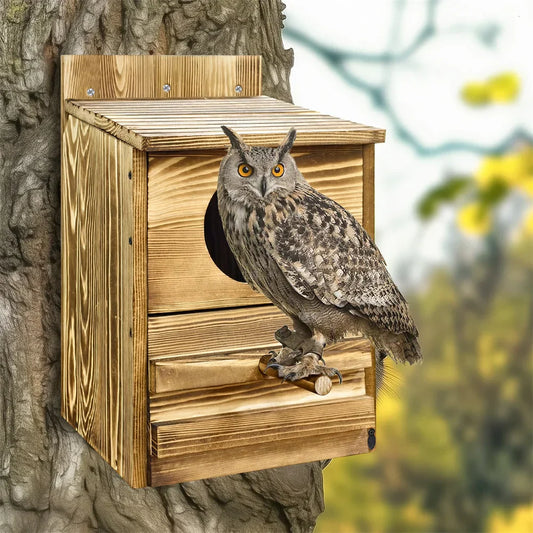 DecorBites™ Handmade Wooden Screech Owl House - Outdoor Nesting Box