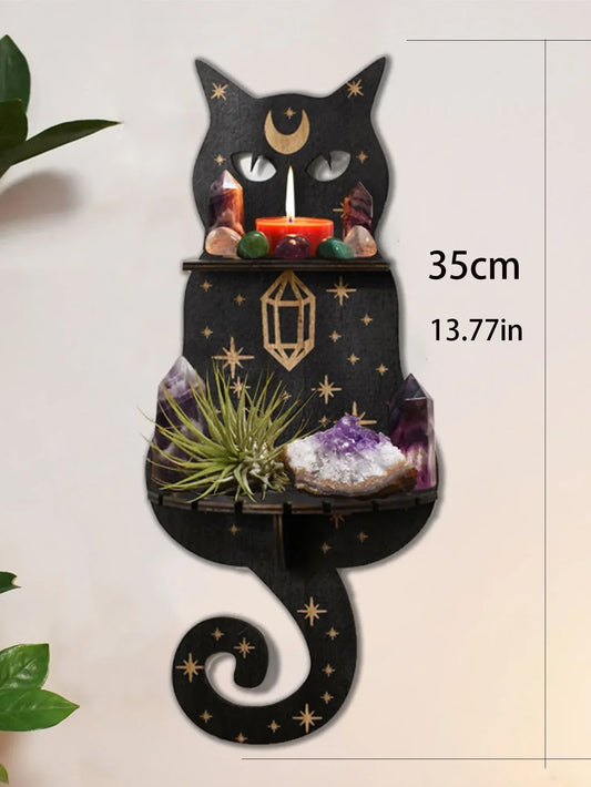 DecorBites™ Moon Phase Black Cat Wooden Shelf