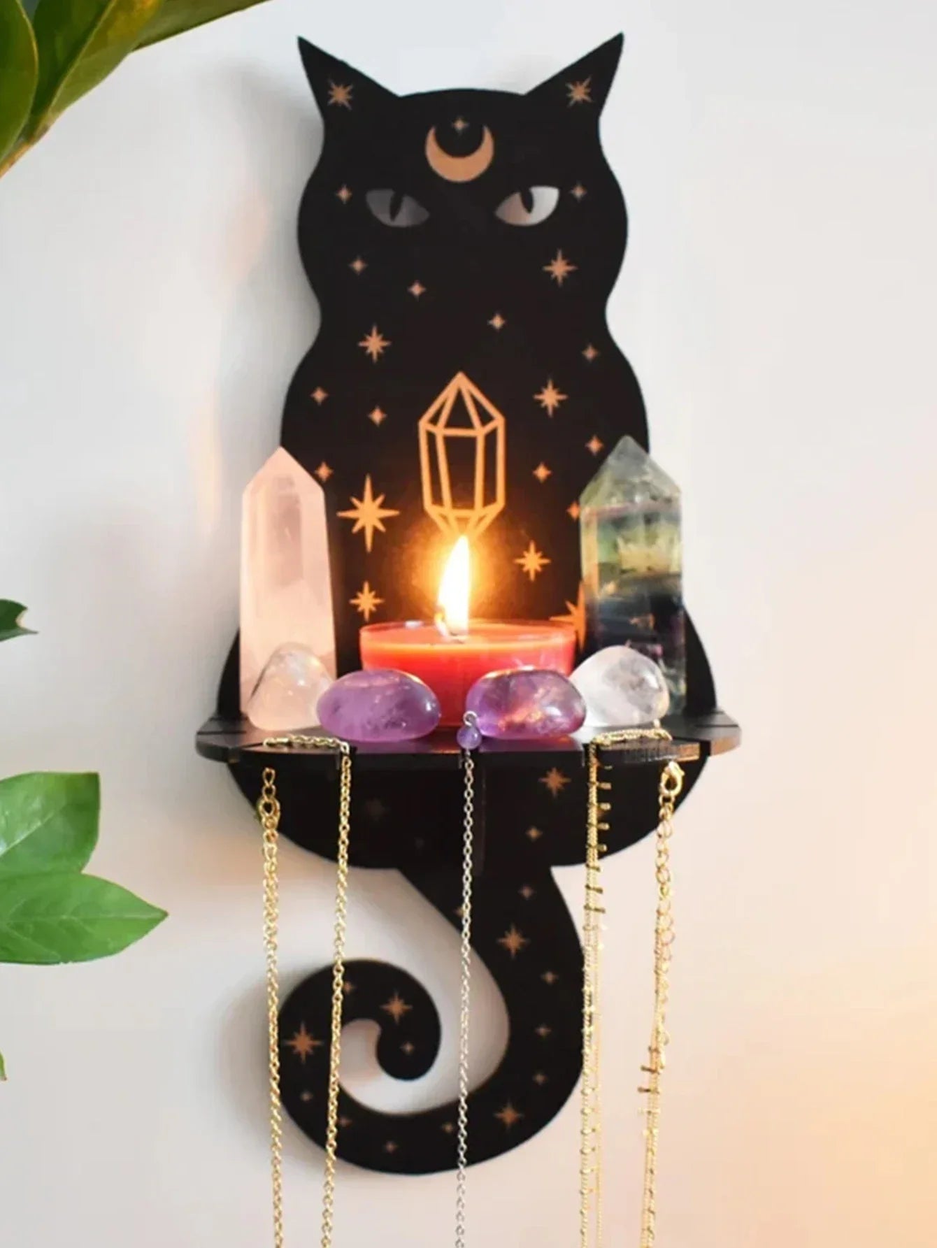 DecorBites™ Moon Phase Black Cat Wooden Shelf