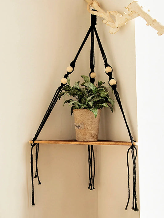 DecorBites™ Wooden Corner Shelf with Macrame - Boho Wall Decor