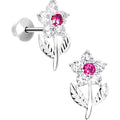 .925 Sterling Silver Pink CZ Whole Flower Youth Screwback Earrings