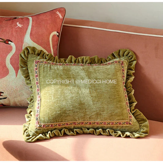 DecorBites™ Luxe Chenille Ruffled Green Lumbar Pillow Cover 35x45
