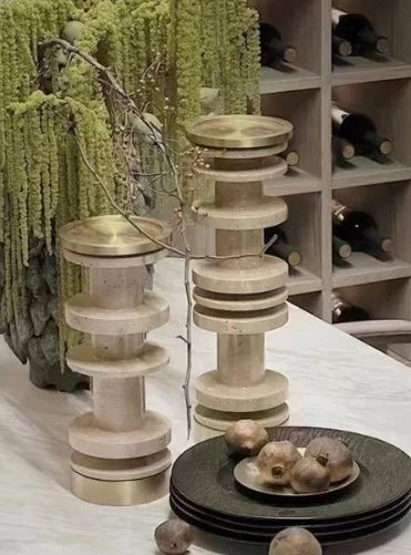 DecorBites™ Luxe Brown Travertine Marble Candle Holder with Metal Base