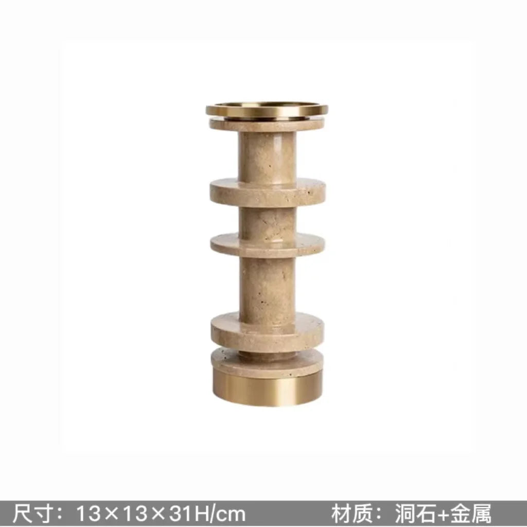 DecorBites™ Luxe Brown Travertine Marble Candle Holder with Metal Base