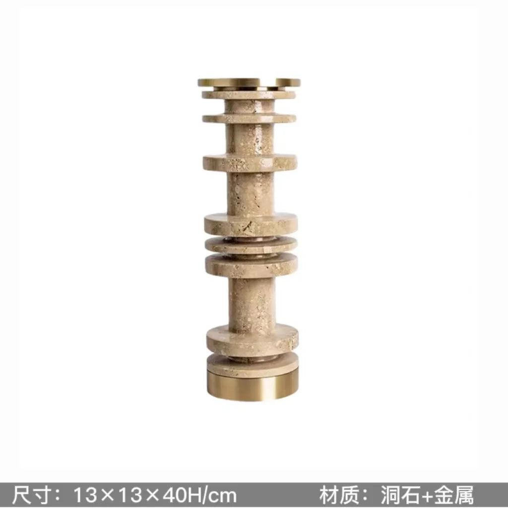 DecorBites™ Luxe Brown Travertine Marble Candle Holder with Metal Base