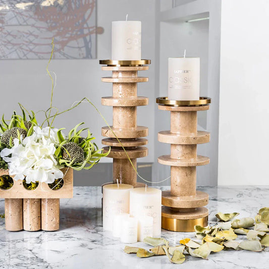 DecorBites™ Luxe Brown Travertine Marble Candle Holder with Metal Base