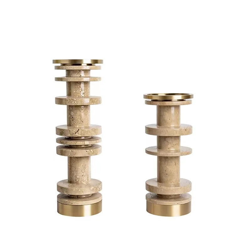 DecorBites™ Luxe Brown Travertine Marble Candle Holder with Metal Base