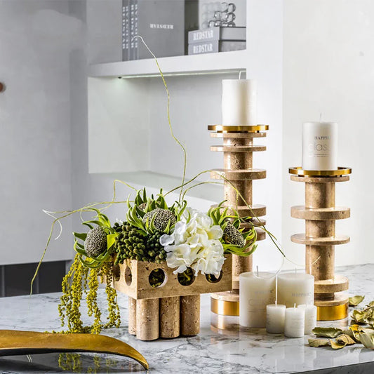 DecorBites™ Luxe Brown Travertine Marble Candle Holder with Metal Base