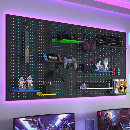 RGB Pegboard Wall Organizer with Smart IC LED Strip Lights, 2-Pack 12 x 24 Inch Heavy Duty Metal Peg Board with Hooks, DIY Gaming Room Setup Wall Mount Storage System