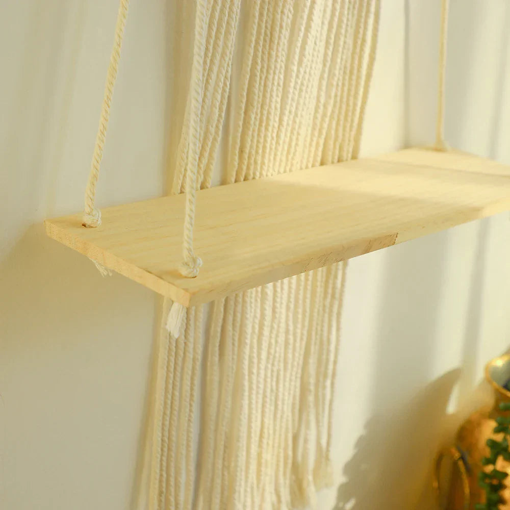 DecorBites™ Boho Macrame Wood Wall Shelf Home Decor