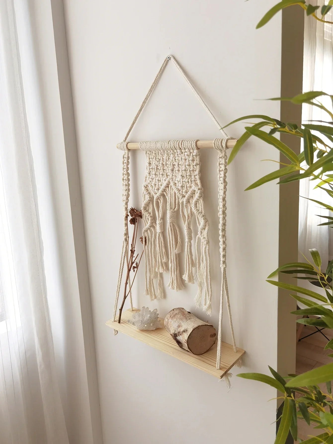 DecorBites™ Boho Macrame Wood Wall Shelf Home Decor
