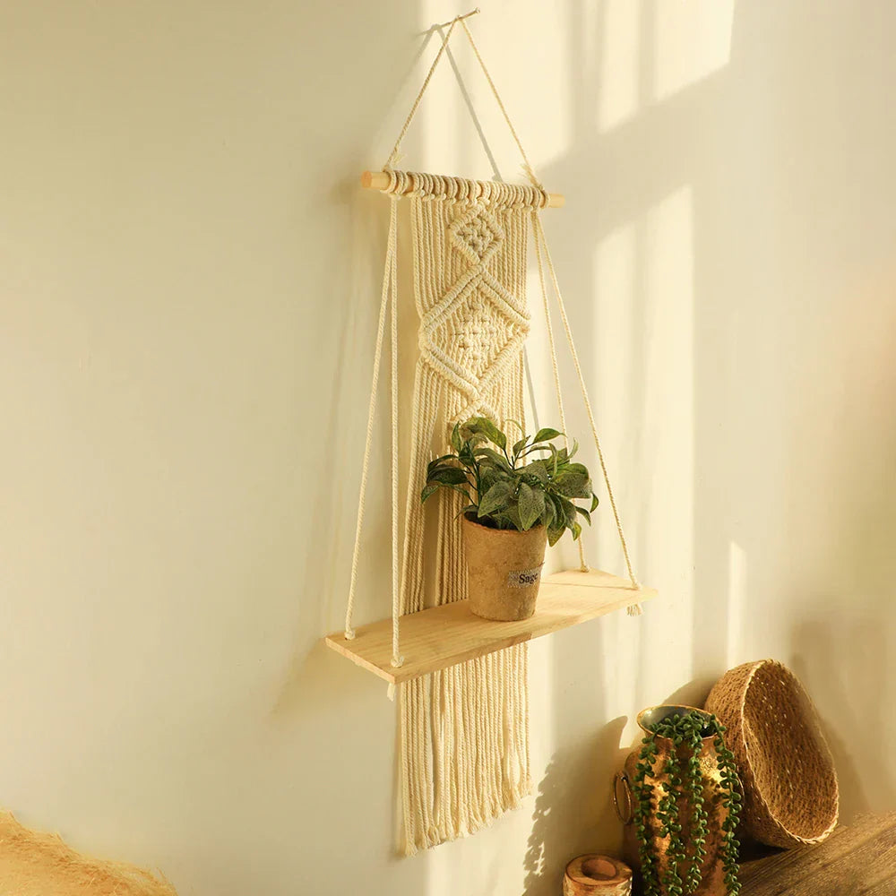 DecorBites™ Boho Macrame Wood Wall Shelf Home Decor