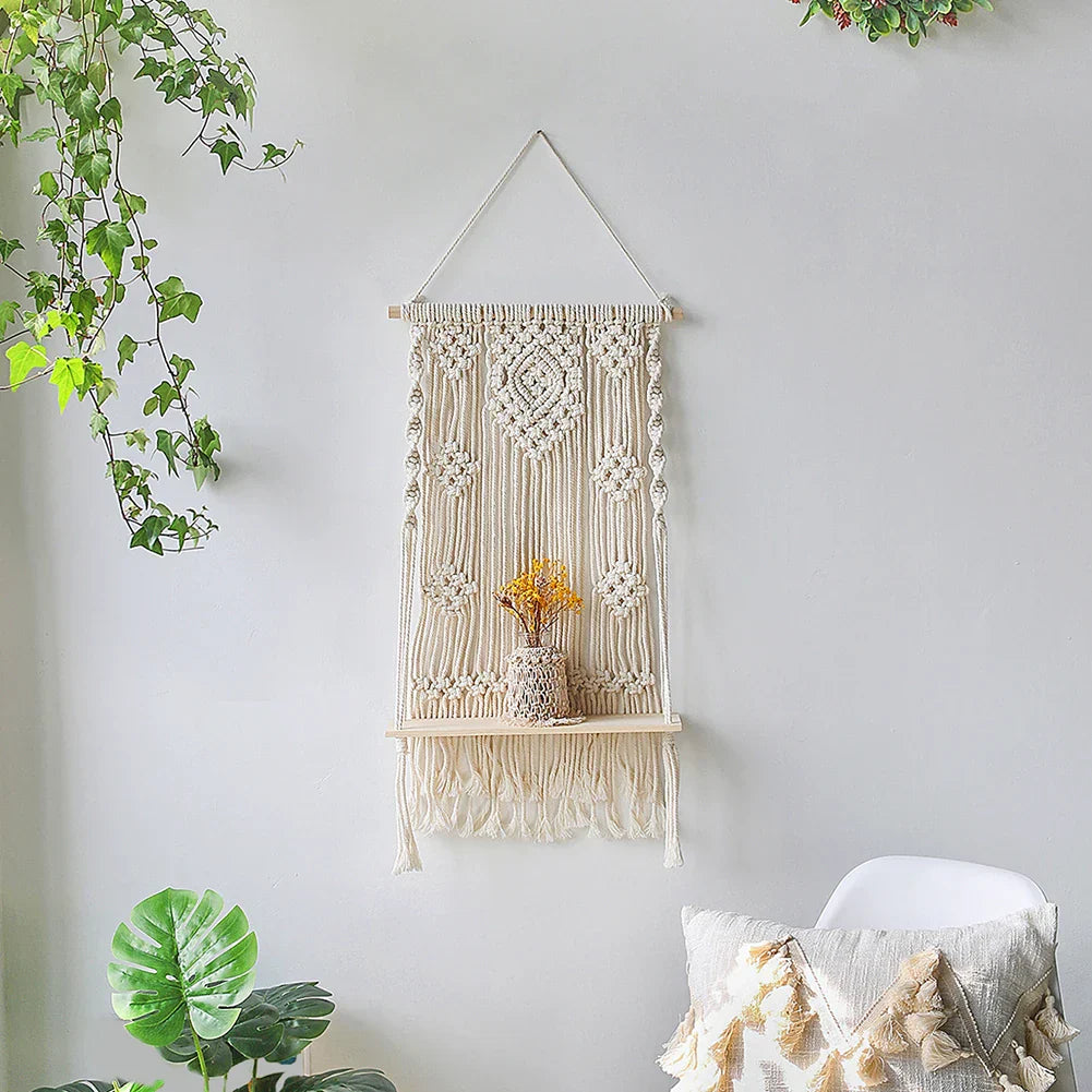 DecorBites™ Boho Macrame Wood Wall Shelf Home Decor