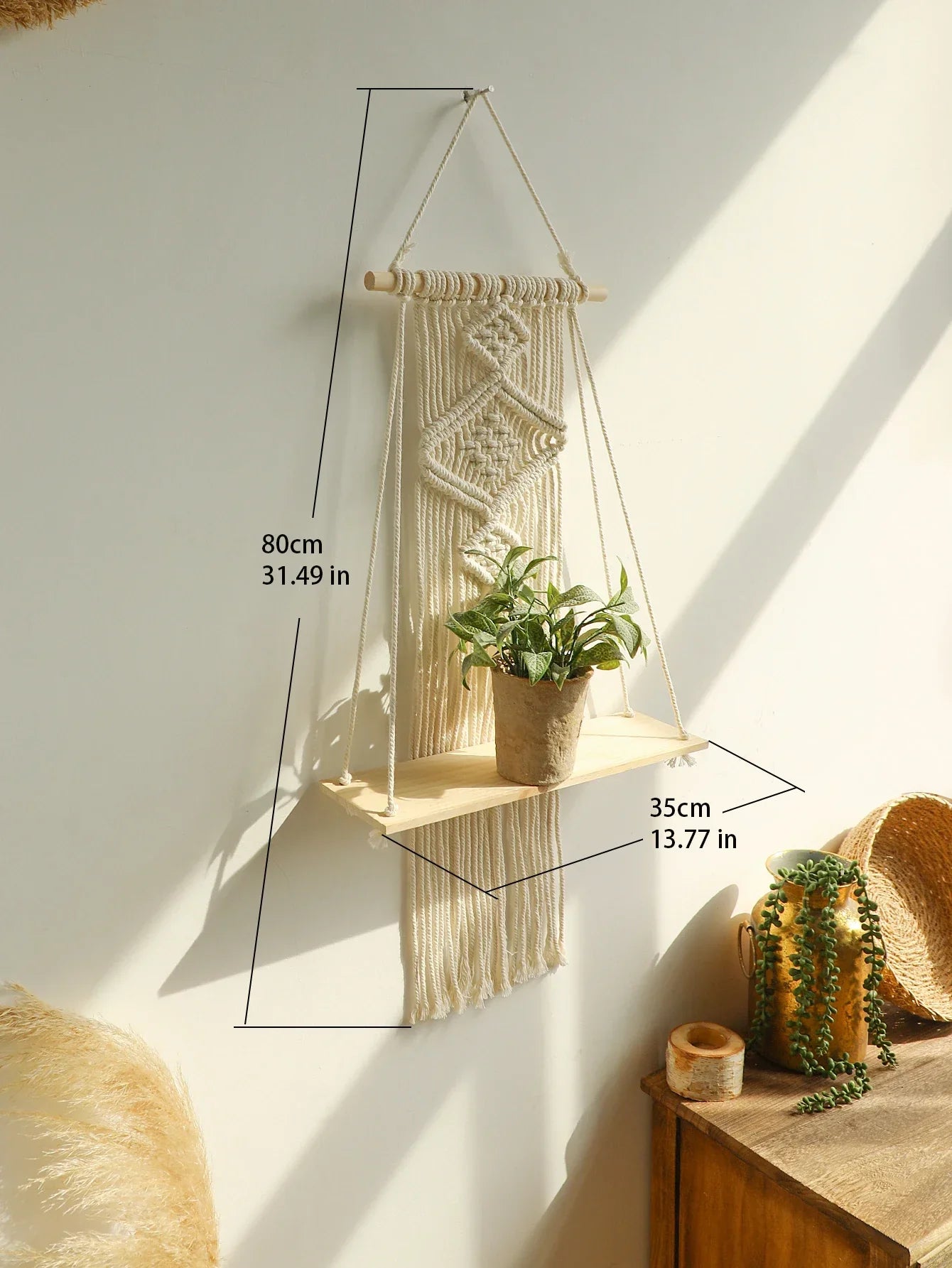 DecorBites™ Boho Macrame Wood Wall Shelf Home Decor