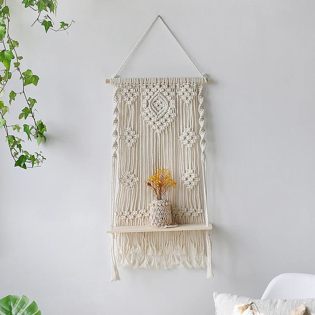 DecorBites™ Boho Macrame Wood Wall Shelf Home Decor