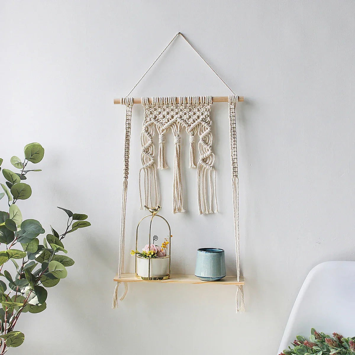 DecorBites™ Boho Macrame Wood Wall Shelf Home Decor