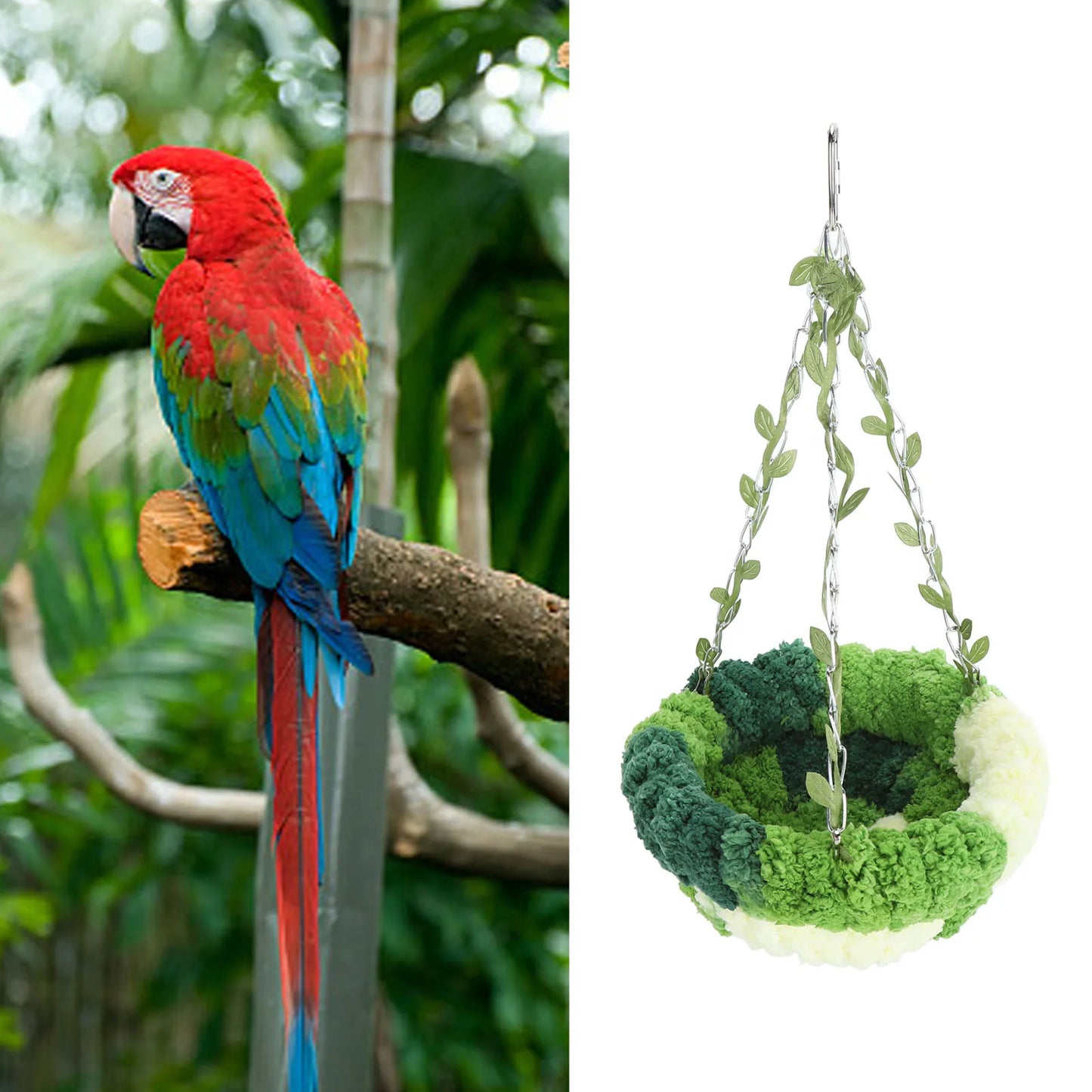 DecorBites™ Cozy Coral Fleece Parrot Hammock - Green