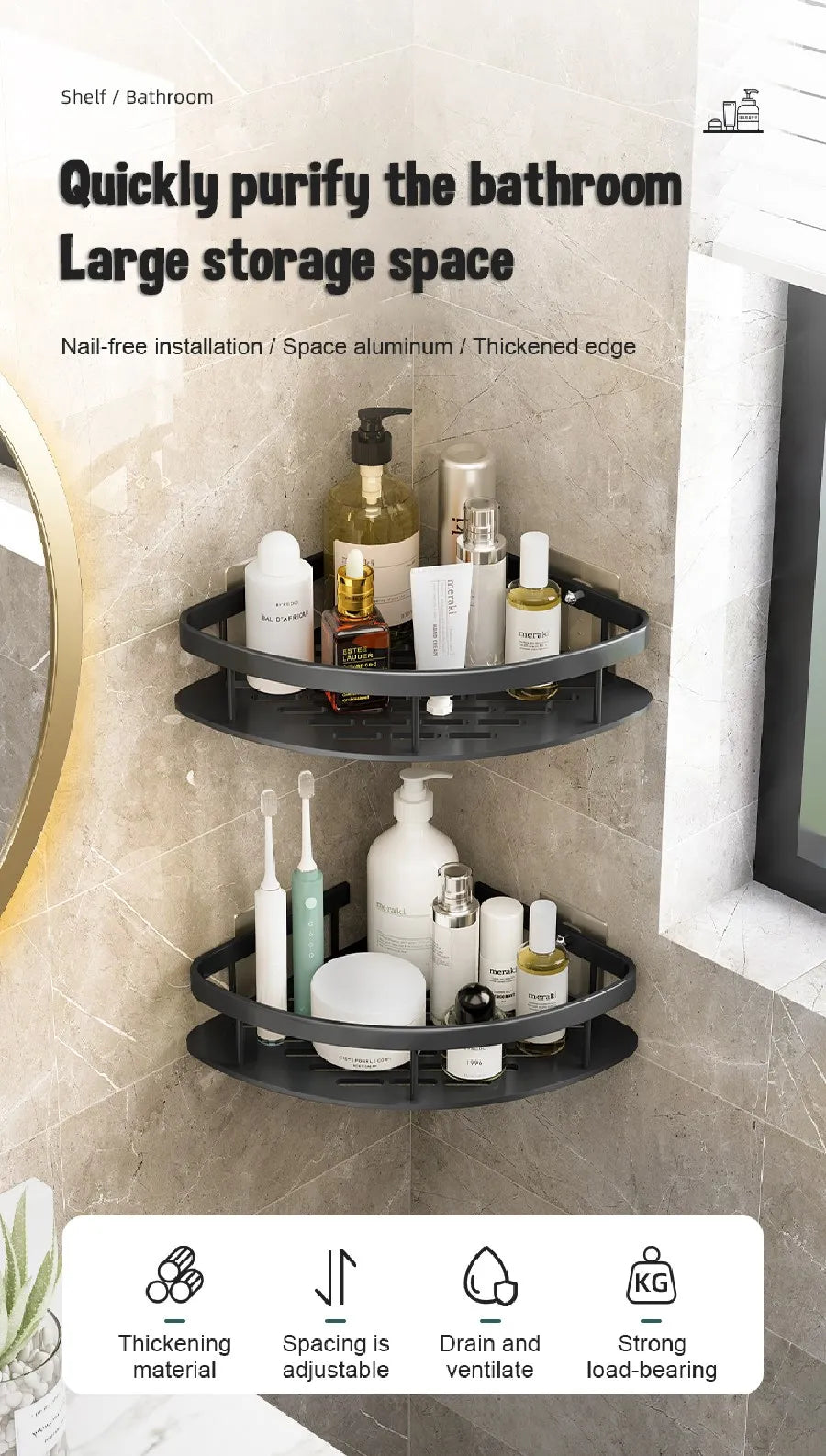 DecorBites™ Modern Aluminum Bathroom Corner Caddy Shelf