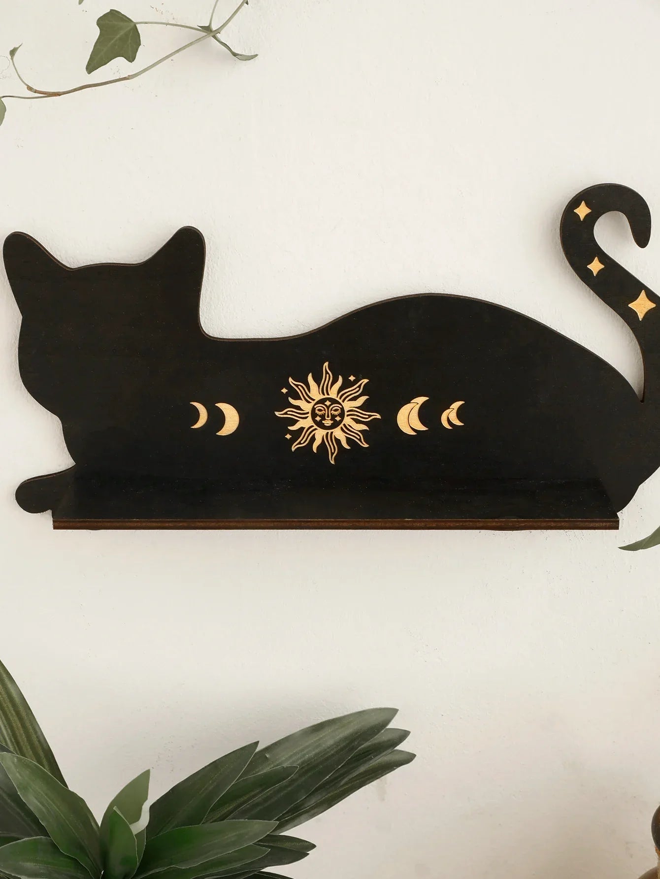 DecorBites™ Moon Phase Black Cat Wooden Shelf