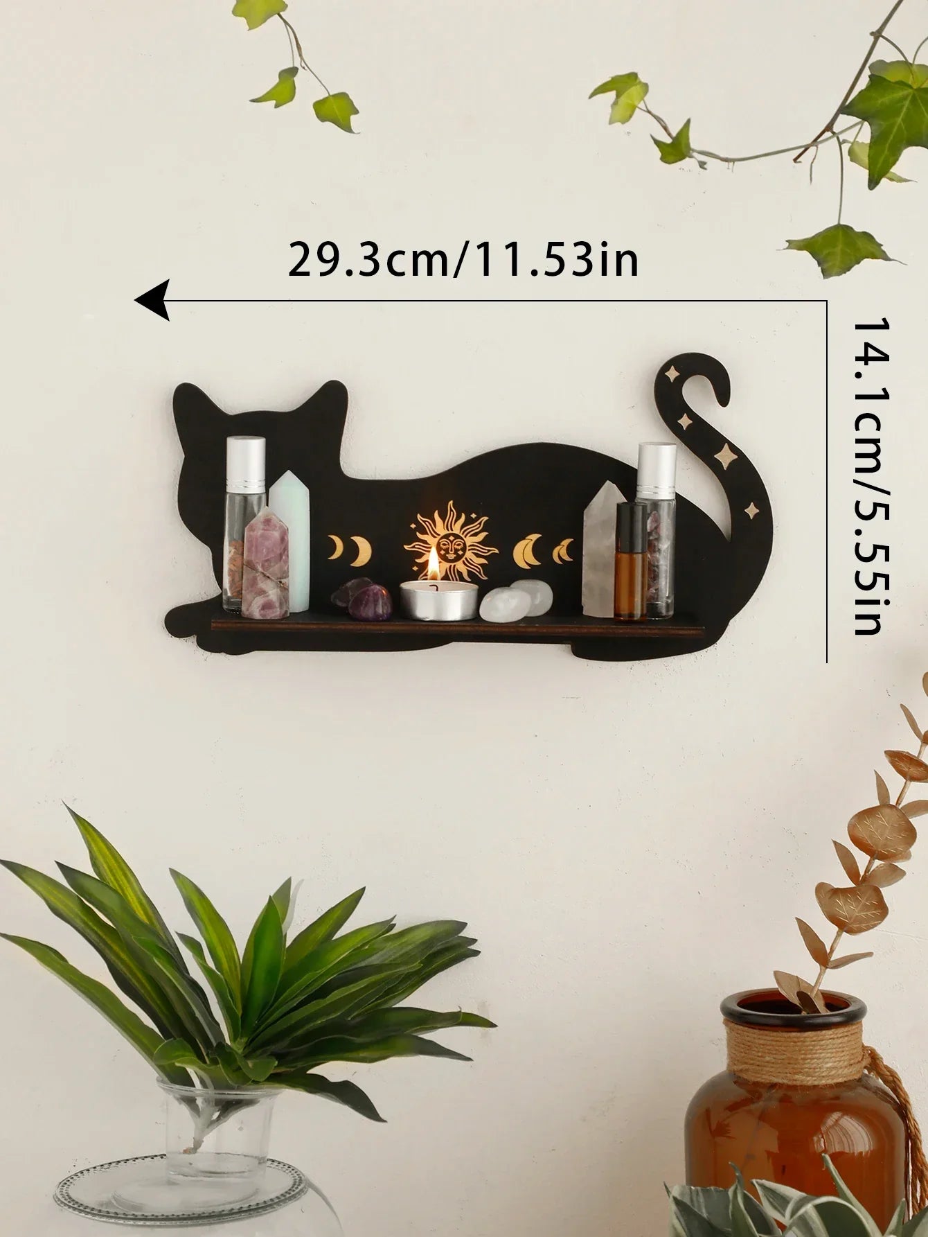 DecorBites™ Moon Phase Black Cat Wooden Shelf