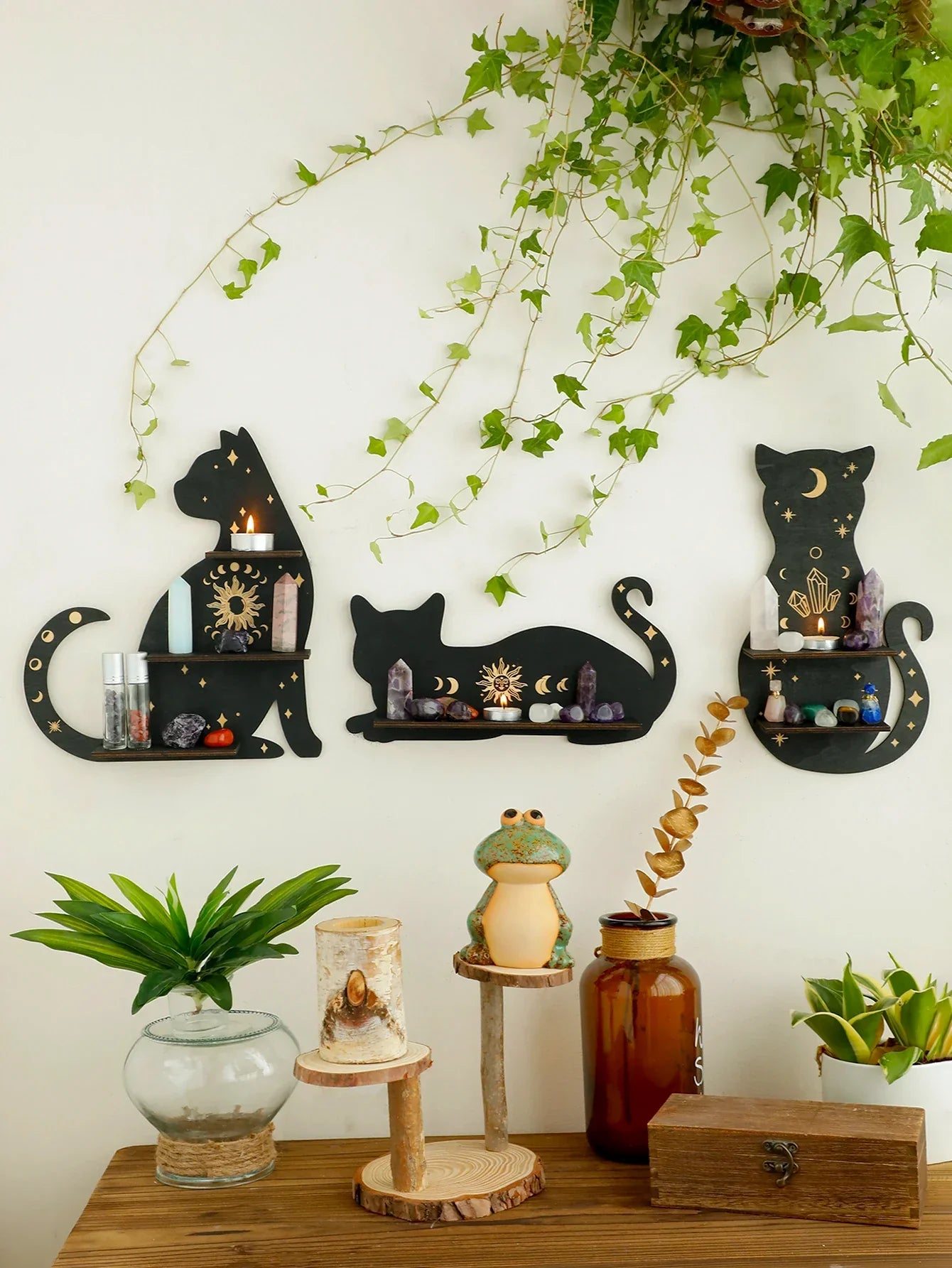 DecorBites™ Moon Phase Black Cat Wooden Shelf