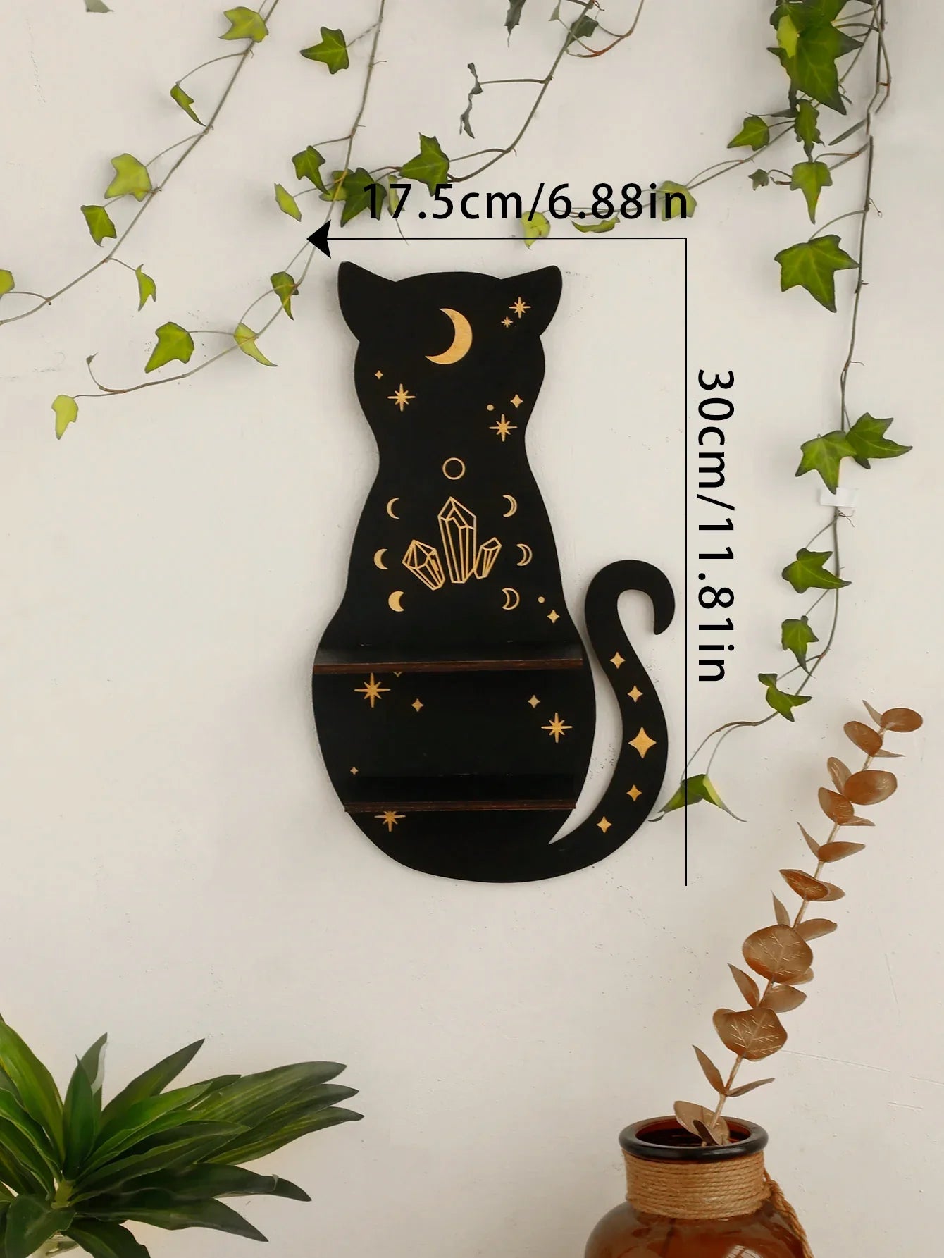DecorBites™ Moon Phase Black Cat Wooden Shelf