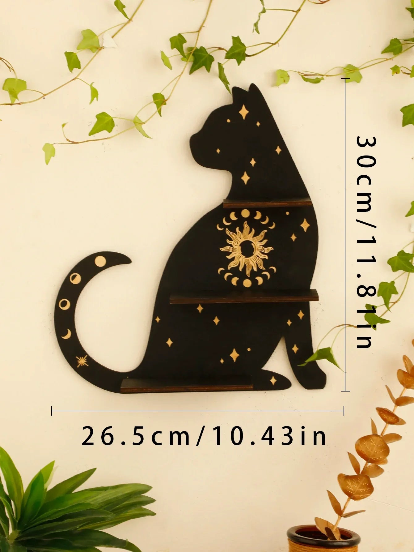 DecorBites™ Moon Phase Black Cat Wooden Shelf