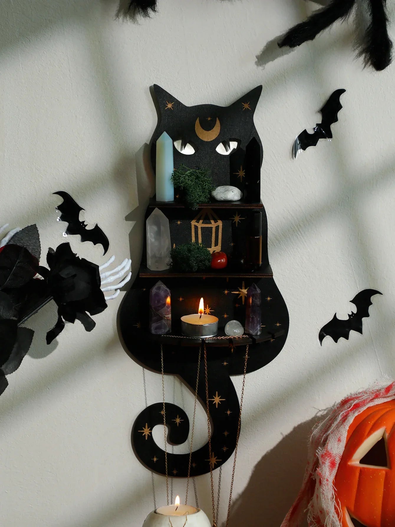 DecorBites™ Moon Phase Black Cat Wooden Shelf