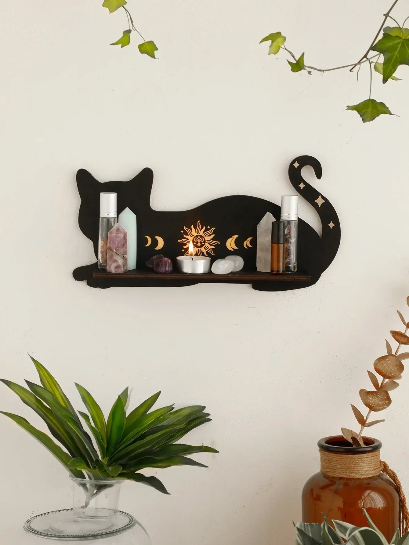 DecorBites™ Moon Phase Black Cat Wooden Shelf