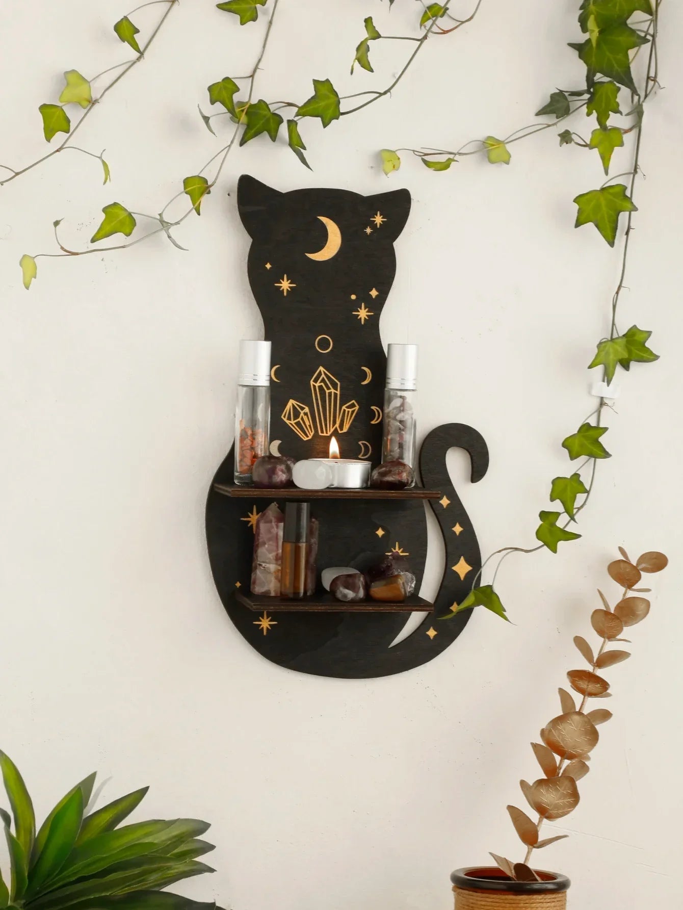 DecorBites™ Moon Phase Black Cat Wooden Shelf