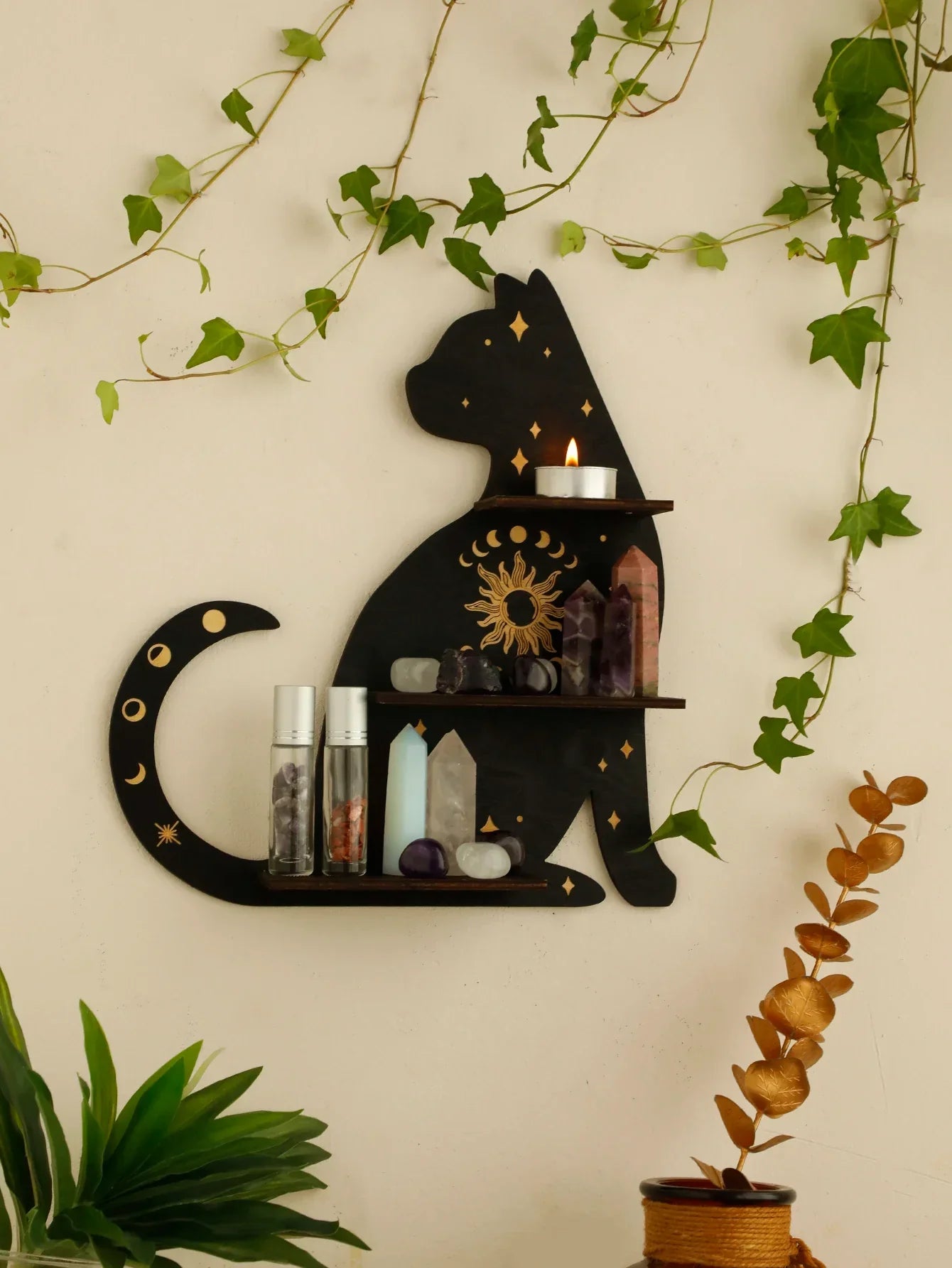 DecorBites™ Moon Phase Black Cat Wooden Shelf