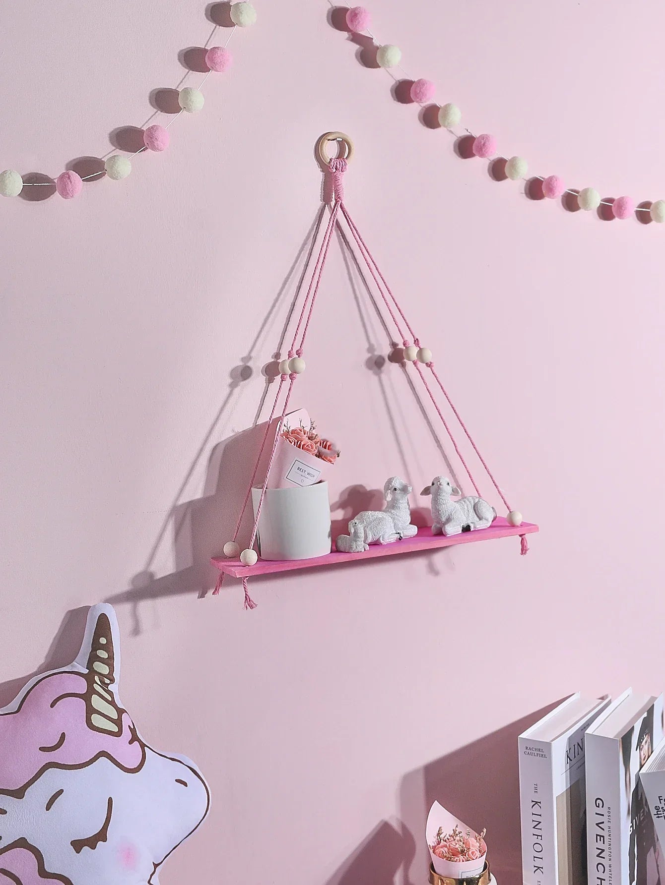 DecorBites™ Pink/Green Wooden Wall Shelf for Kids Room