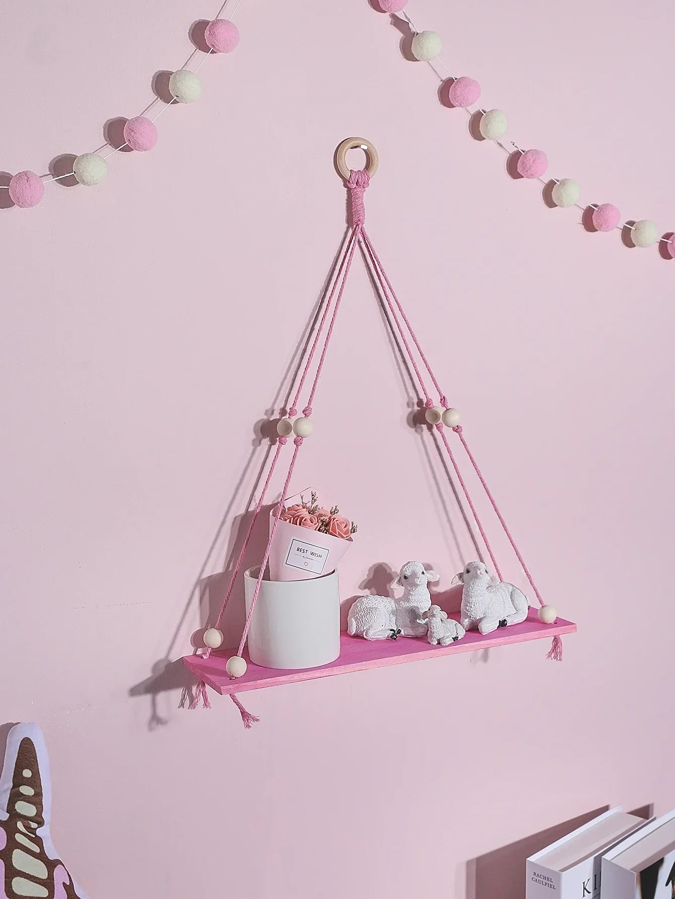 DecorBites™ Pink/Green Wooden Wall Shelf for Kids Room