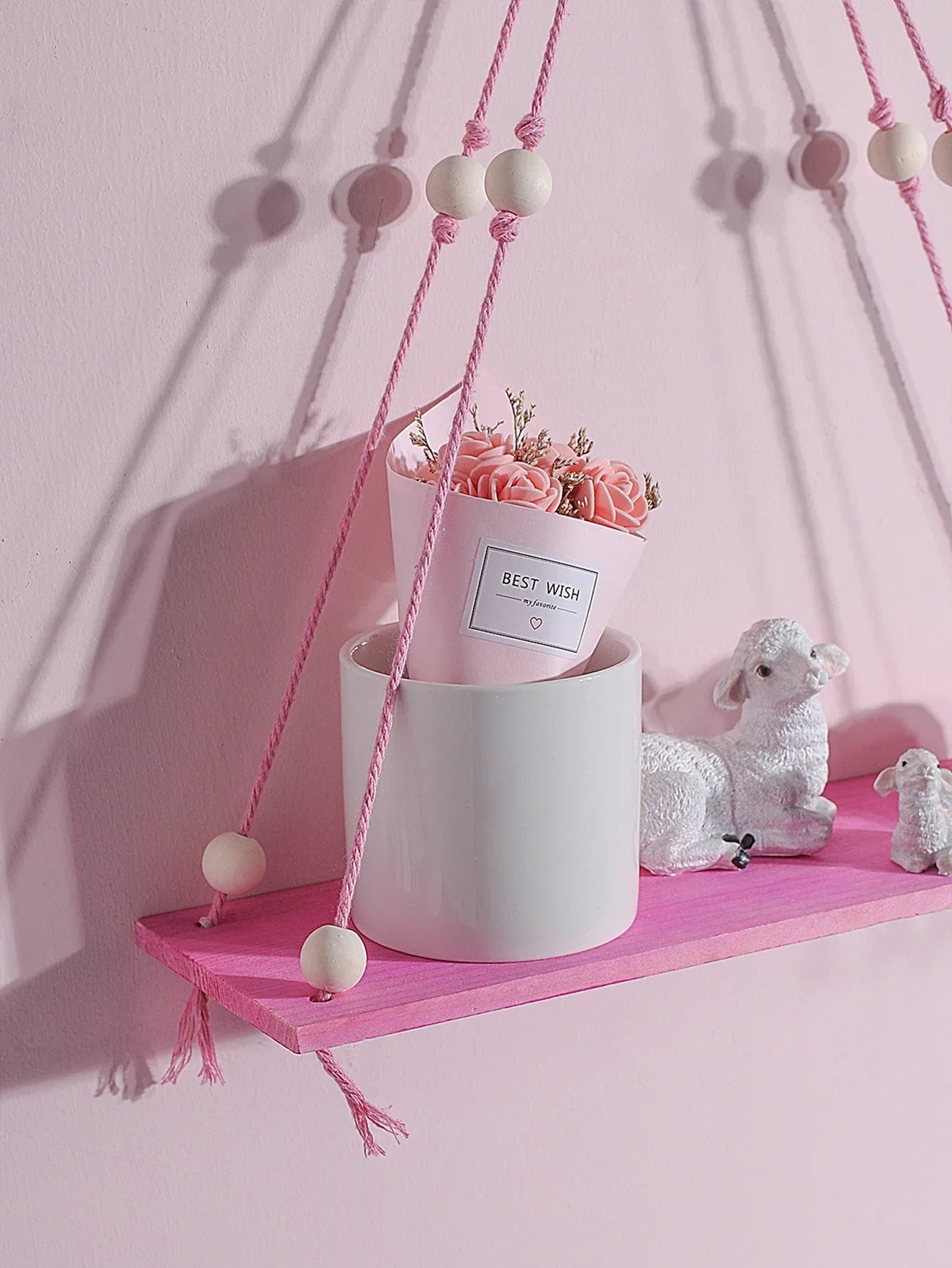 DecorBites™ Pink/Green Wooden Wall Shelf for Kids Room
