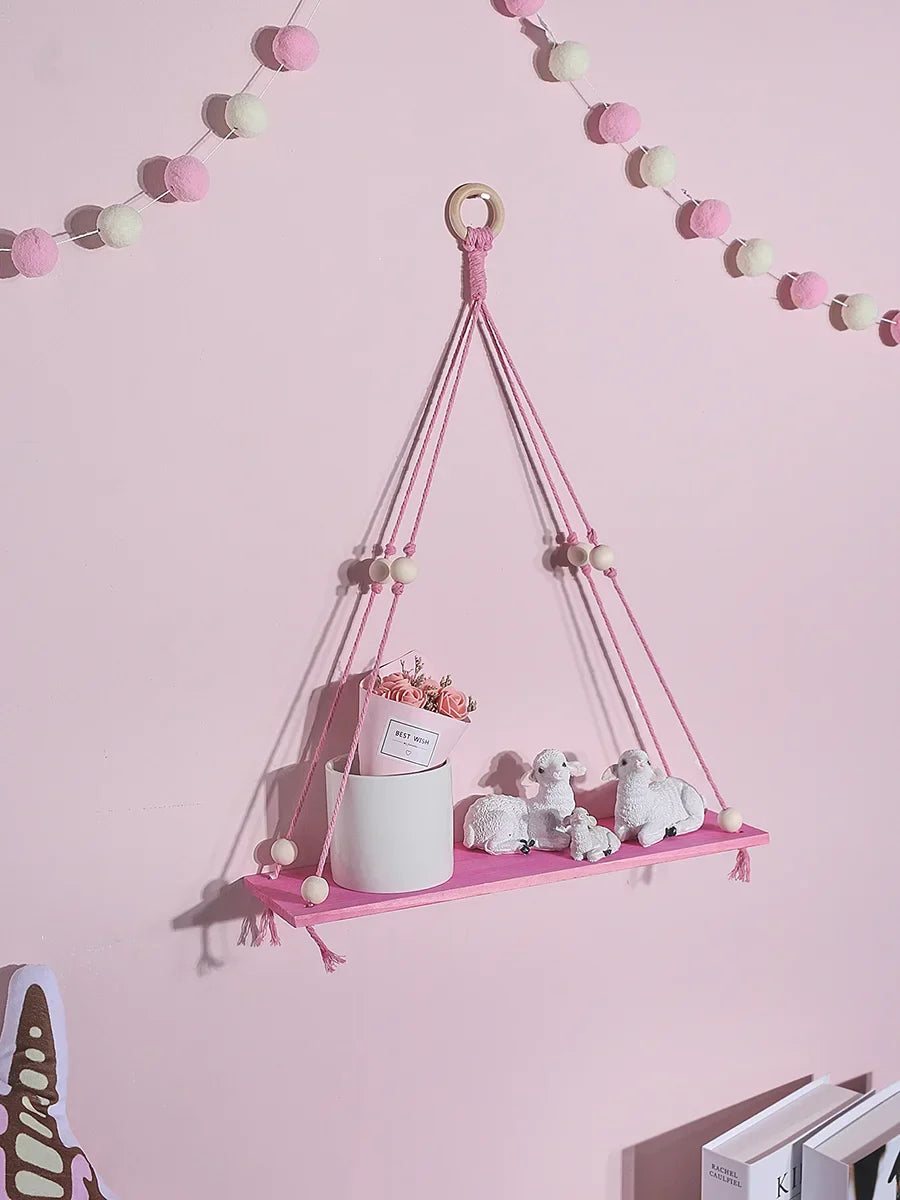 DecorBites™ Pink/Green Wooden Wall Shelf for Kids Room