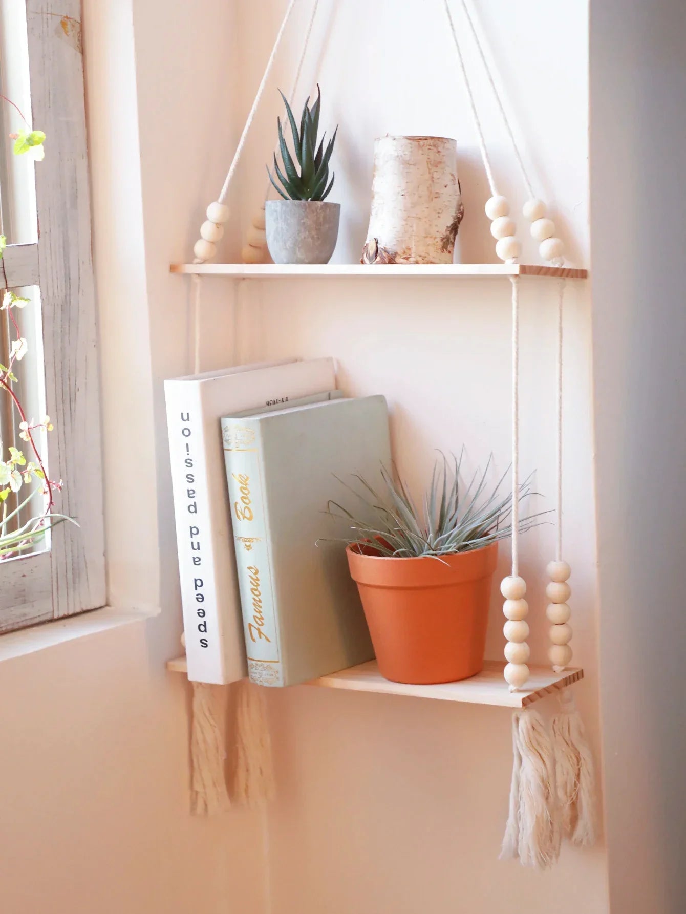 DecorBites™ Rustic Wooden Wall Shelf with Hanging Plant Storage