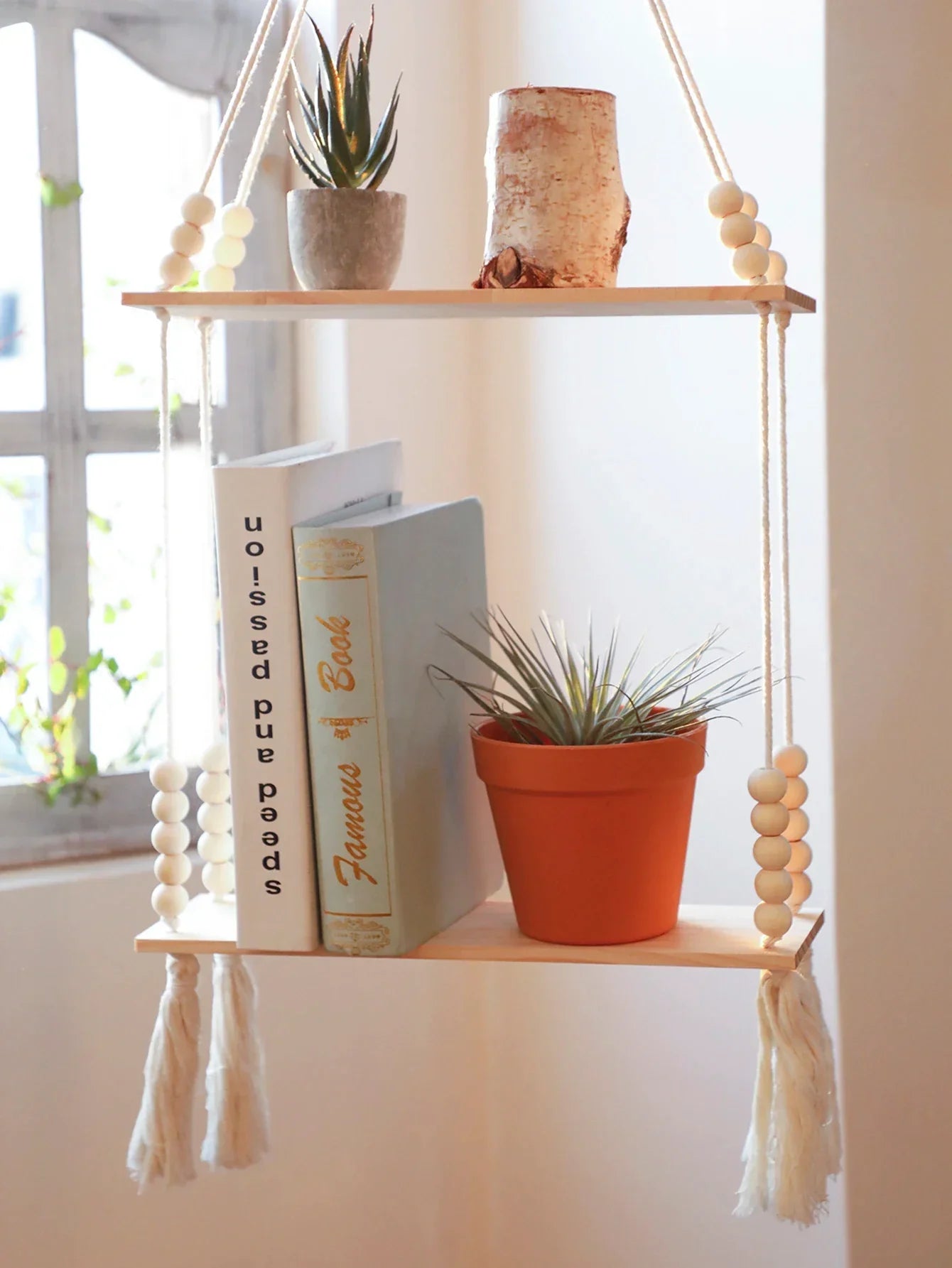 DecorBites™ Rustic Wooden Wall Shelf with Hanging Plant Storage
