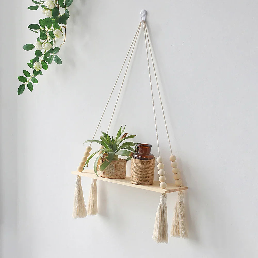 DecorBites™ Rustic Wooden Wall Shelf with Hanging Plant Storage