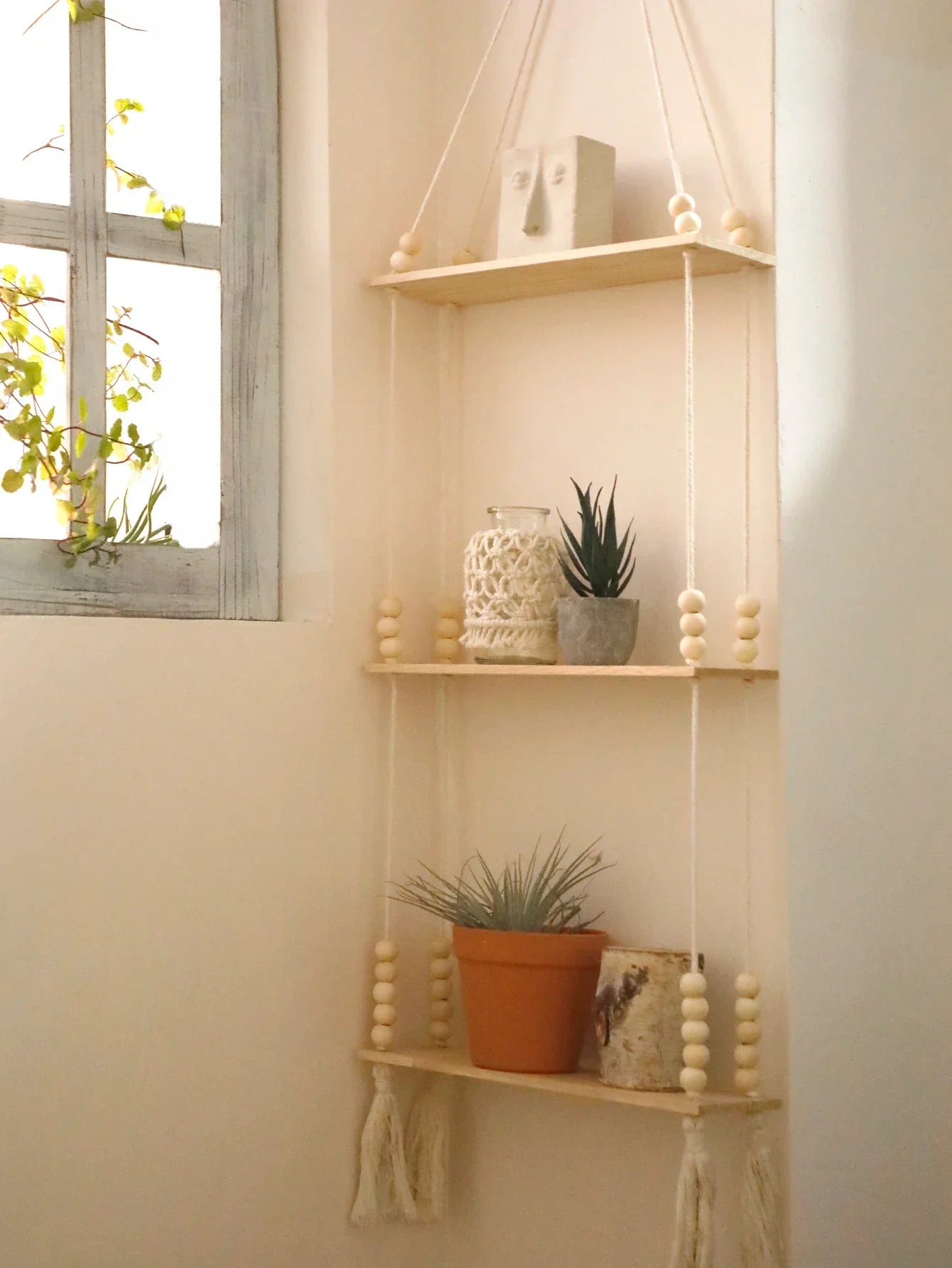 DecorBites™ Rustic Wooden Wall Shelf with Hanging Plant Storage