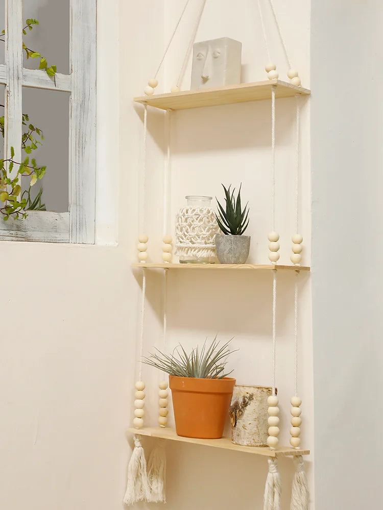 DecorBites™ Rustic Wooden Wall Shelf with Hanging Plant Storage
