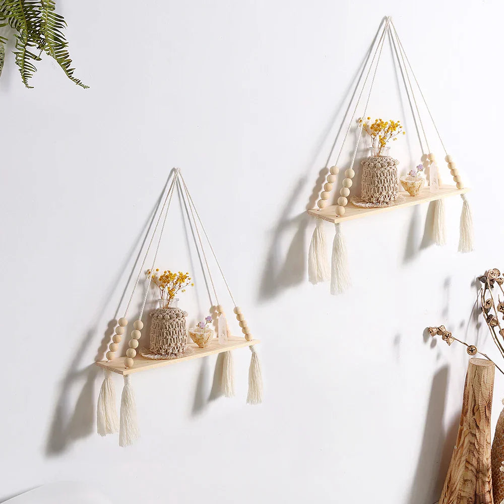 DecorBites™ Rustic Wooden Wall Shelf with Hanging Plant Storage