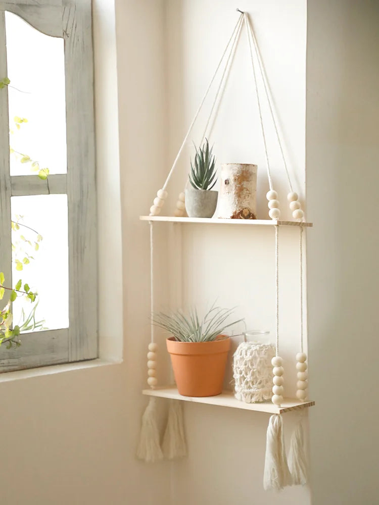 DecorBites™ Rustic Wooden Wall Shelf with Hanging Plant Storage