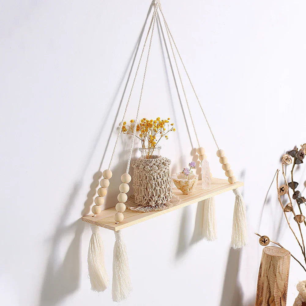DecorBites™ Rustic Wooden Wall Shelf with Hanging Plant Storage