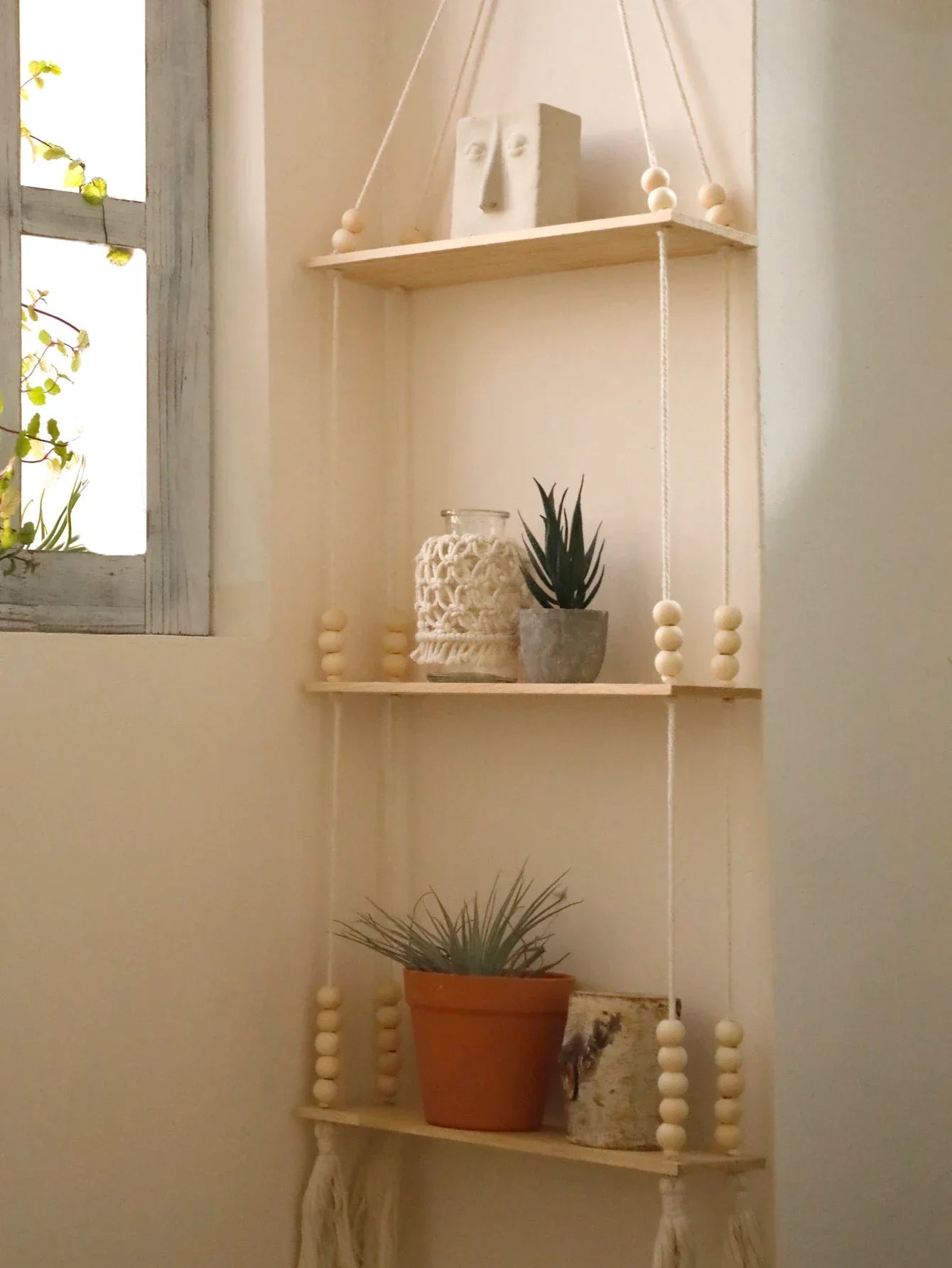DecorBites™ Rustic Wooden Wall Shelf with Hanging Plant Storage
