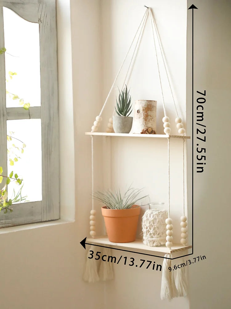 DecorBites™ Rustic Wooden Wall Shelf with Hanging Plant Storage