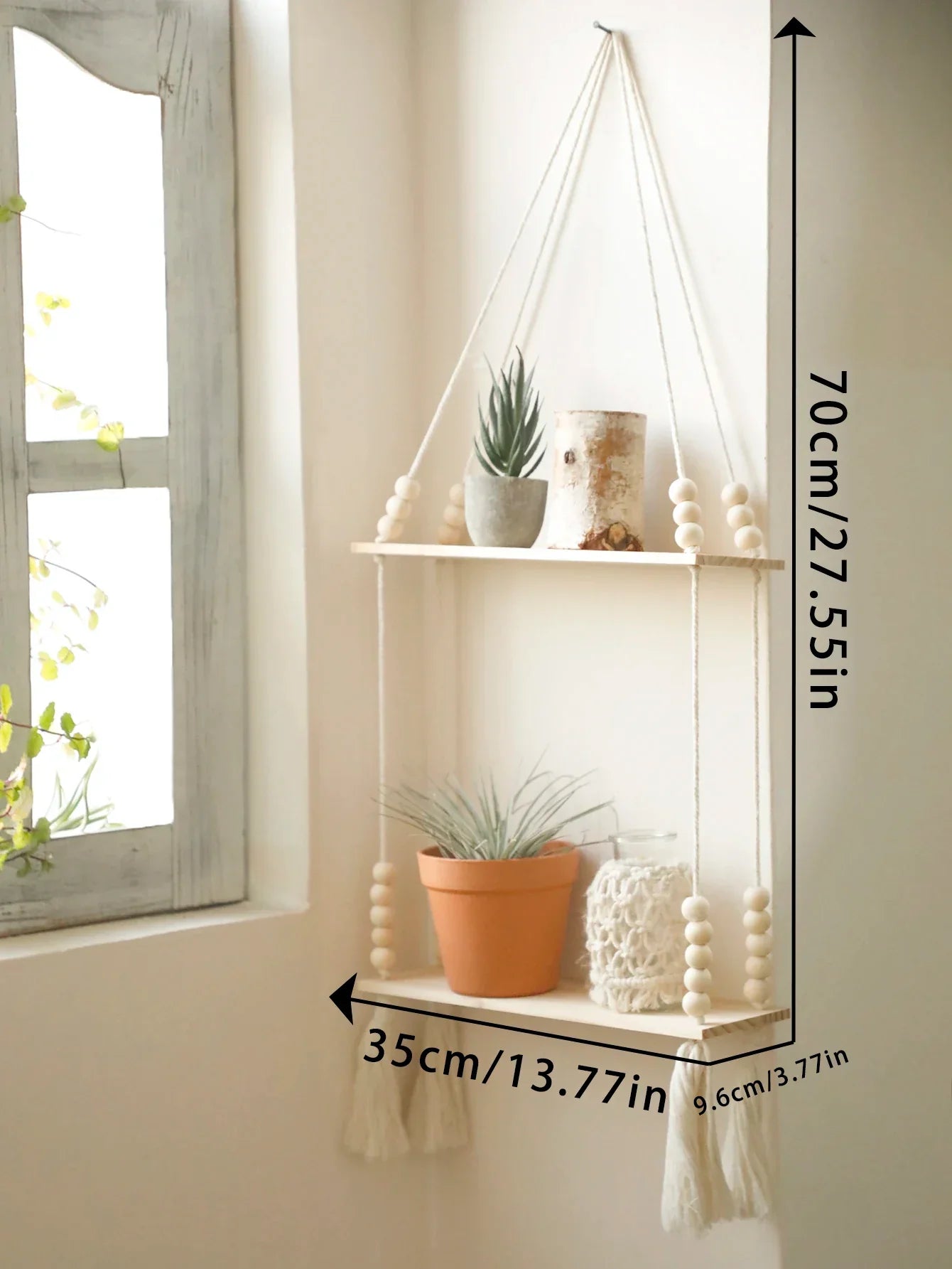 DecorBites™ Rustic Wooden Wall Shelf with Hanging Plant Storage