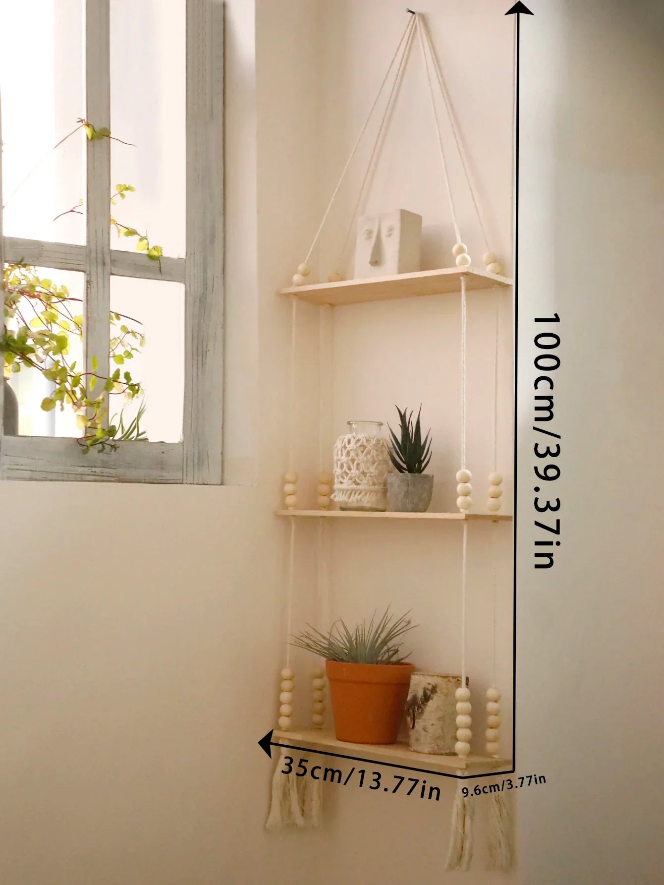 DecorBites™ Rustic Wooden Wall Shelf with Hanging Plant Storage