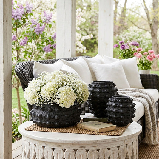 Handcrafted Textured Outdoor Matte Black Planters, Set of 3