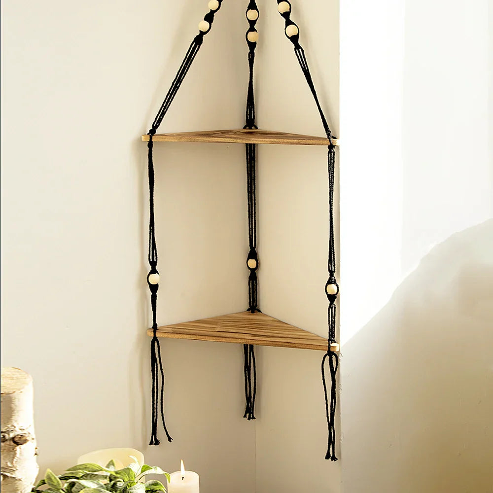 DecorBites™ Wooden Corner Shelf with Macrame - Boho Wall Decor